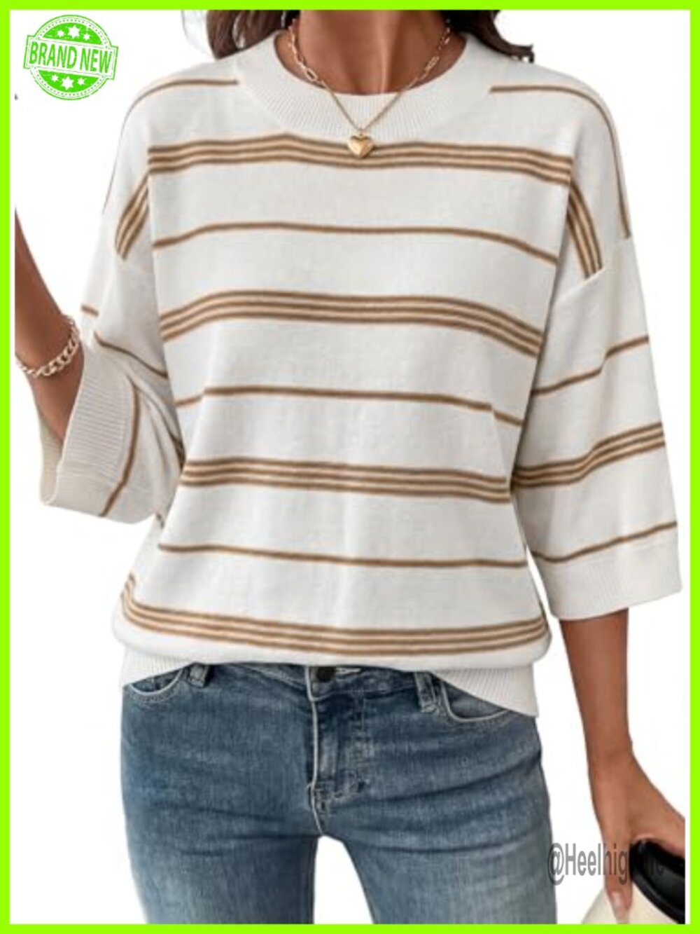 Lightweight Knit Striped 3/4 Sleeve Oversized Crewneck Sweater